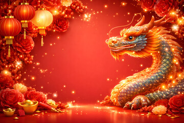 Vibrant dragon in red festive setting with lanterns flowers