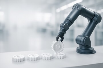 Robotic Arm Precision: A sleek, metallic robotic arm meticulously positions a gear within an industrial setting, symbolizing automation and technological prowess.