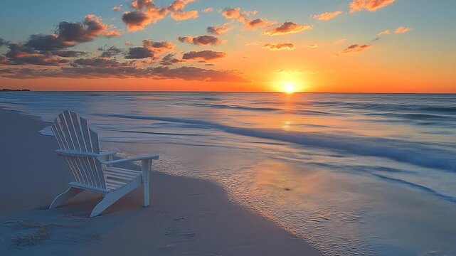 Empty white Adirondack chair on a calm beach at sunset, with golden ocean reflection