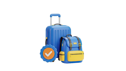 Blue and Yellow Backpack and Suitcase with Checkmark Badge