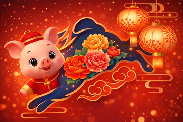 Chinese New Year pig mascot with lanterns and flowers