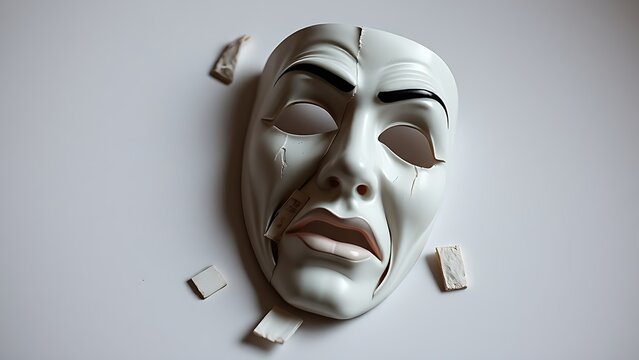 reassembled. A fragmented theatrical mask with pieces reassembled into a distorted expression. event programs, museum guides, designed for cultural heritage projects and event programs.