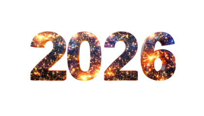 Digital display of "2026" with a cosmic, starry fill against black