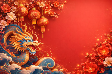 Vibrant dragon and flowers for Chinese New Year celebration