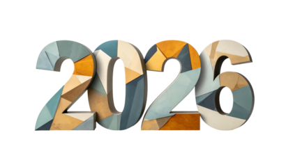 Stylized, geometric 2026 numerals in a mosaic of muted colors on black