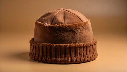 A close-up shot of a brown winter hat, crafted from soft materials, with a plush brim and ribbed band, set against a neutral backdrop