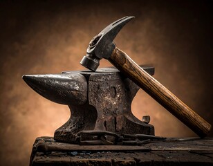 Hammer rests on an anvil on a weathered wood surface against a textured brown background