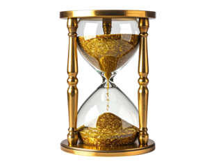 Golden hourglass with sand flowing through clear glass