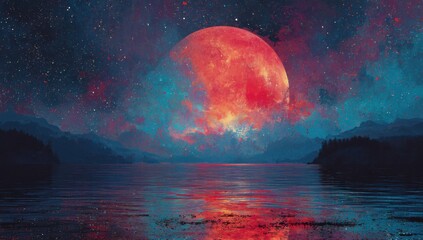 A vibrant, otherworldly moonlit landscape