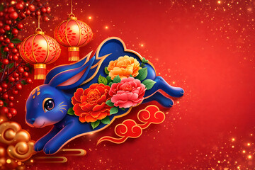 Vibrant blue rabbit with flowers for Chinese New Year