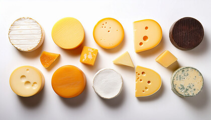 Fototapeta premium Various Cheese Slices Arranged On A White Isolated Background