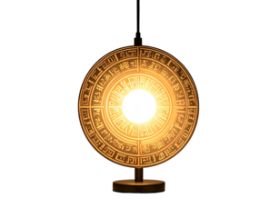 Glowing circular object with engraved symbols, pedestal, isolated in dark