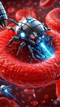 Futuristic red blood cells medical nanobot laser therapy concept with glowing blue robot device inside human vein environment nanotechnology surgery treatment science healthcare innovation