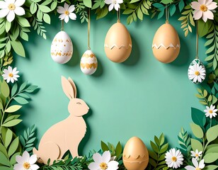 A charming Easter scene with pastel colors. Featuring an egg hunt and a bunny amidst paper cutouts of flowers and leaves