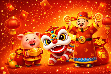 Chinese New Year celebration with pig, lion dance, and prosperity