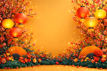 Vibrant Chinese New Year background with lanterns and flowers