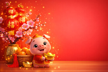 Cute pig in traditional Chinese New Year attire with gold