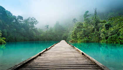 Naklejka premium Serene Wooden Pier Leading Towards A Mystical Turquoise Lake Amidst A Lush Misty Rainforest