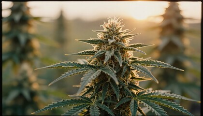 A vibrant cannabis plant, with its distinctive leaves and dense buds, stands prominently in a field under the warm glow of a golden sunset, symbolizing natural growth and cultivation.