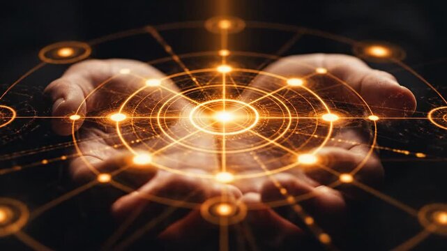 Hands holding glowing orange energy circle.