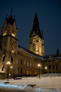 Evening winter view of Canada Parliament West Block building. Ottawa, Canada - December 15, 2025.