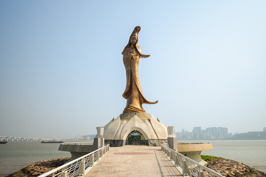 October 12, 2019: Kun Iam Ecumenical Centre, is a 20 meters tall bronze statue dedicated to Guan Yin, goddess of mercy, and located on a man made island in the outer harbor at macau, china.