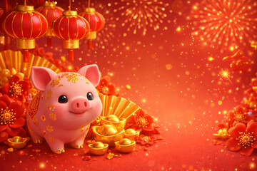 Lucky pink pig with gold decorations and coins