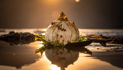 A close-up shot of an interesting edible creation resting on a leaf within shallow water, bathed in sunlight