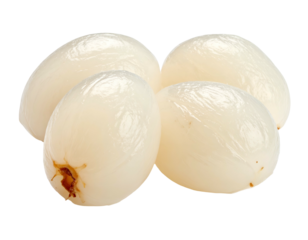 Close-up of four peeled, translucent, and smooth tropical fruits