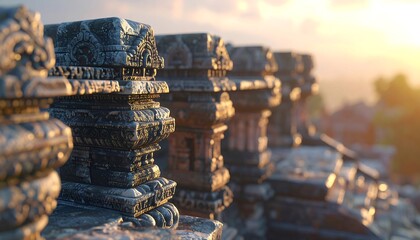 Ancient stone structures bask in the warm, golden light of the setting sun, blurred horizon