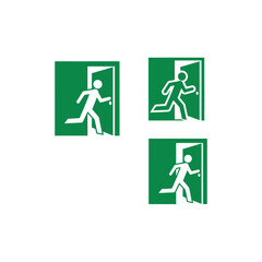 Collection of three green emergency exit signs showing a running person through an open door.