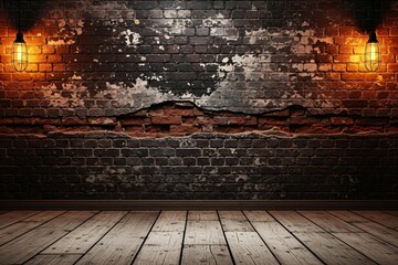 Dimly lit rustic room with exposed brick wall and wooden floor