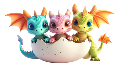 Three cartoon dragons emerge from an egg, smiling with colorful wings