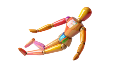 A wooden articulated figure, limbs at angles, painted colorful sections