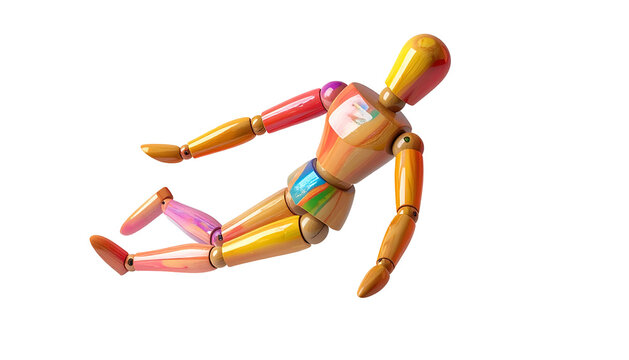 A wooden articulated figure, limbs at angles, painted colorful sections