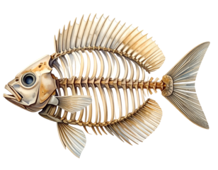 Detailed, diagram-like illustration of a fish skeleton, with a black background