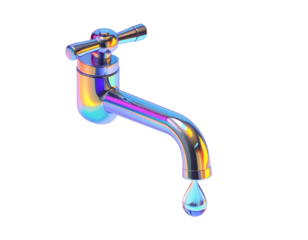 Chrome faucet with water droplet, iridescent sheen, isolated on black