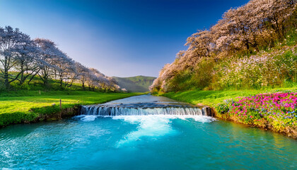 Peaceful Meadow A Clear Blue Water Canal Emerges From A Stunning Waterfall Along The Canal Flowers