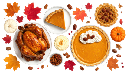 Thanksgiving feast, complete with turkey, pies, side dishes, fall leaves, and pecans