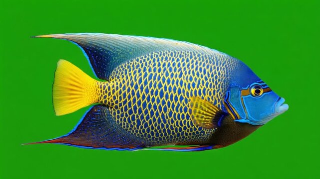 Vibrant blue and yellow tropical fish swimming against green background