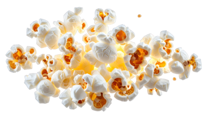 Fluffy popped kernels against black. White and yellow illuminated texture details