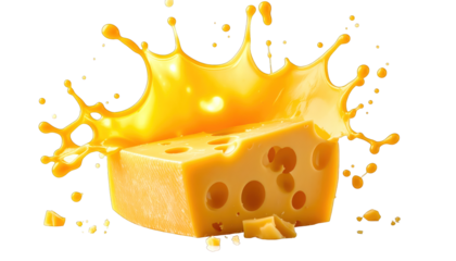 Block of yellow cheese with large holes, partially surrounded by a cheese splash