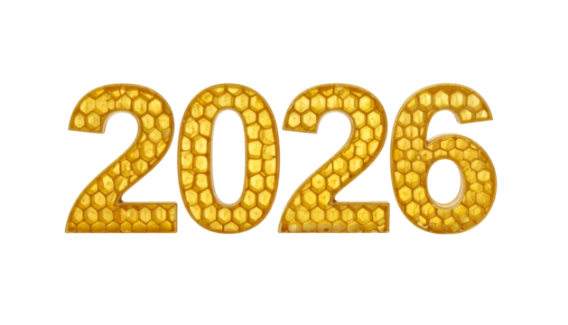 Golden honeycomb styled "2026" numbers on black background, isolated - Powered by Adobe