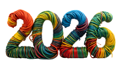 Year 2026 constructed from colorful, intertwined electrical cords