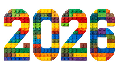 2026 numerals formed from colorful interlocking toy bricks, isolated