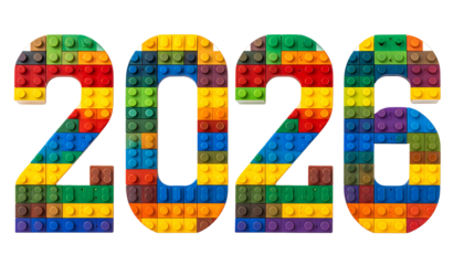 2026 numerals formed from colorful interlocking toy bricks, isolated
