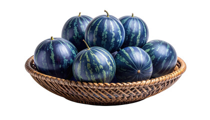 Seven watermelons with green stripes rest in a brown woven basket on a black backdrop