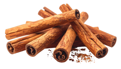 Pile of brown, rolled sticks with textures. A small amount of spice is beside them