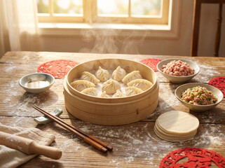 Steamed dumplings in bamboo steamer with raw ingredients and chopsticks on wooden table. Chinese New Year food preparation concept.