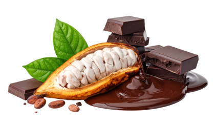 A cacao pod reveals seeds and melting chocolate next to blocks and leaves